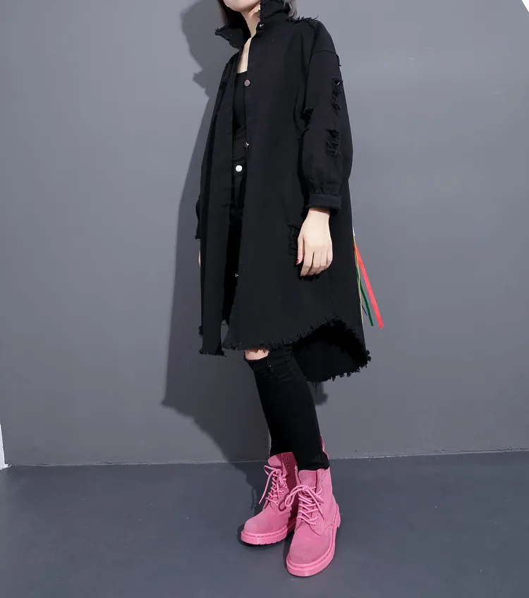 Femmes Automne Jean Manteau Punk Dy117 Noir Denim Outwear 2018 Printemps Ulzzang Usage Rock Vêtements Tranchée Déchiré Externe 0Pwk8nOX