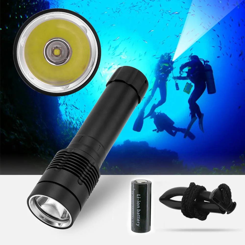 

LED XM-L2 Diving Flashlight waterproof underwater 100m 5lighting modes with tail lanyard use 26650 battery