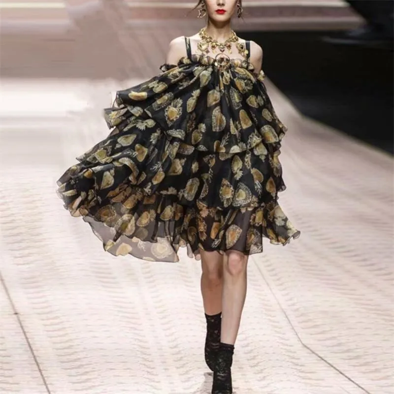 

Women Dress 2019 High Quality Spring Summer Designer Runway Gemstone Printed Loose Spaghetti Strap Cake Dresses NP0039