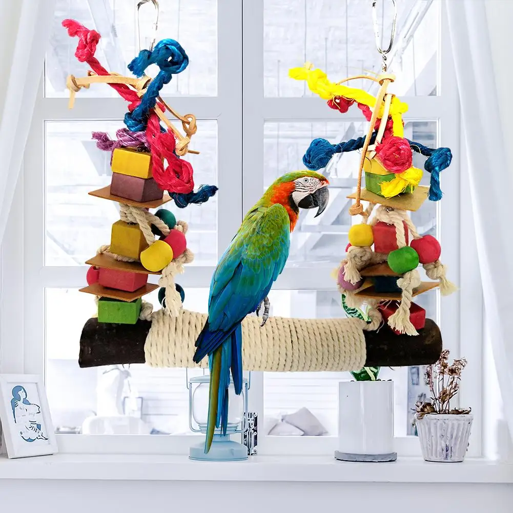 

Parrot Chew Toy Bird Perch Leather Colorful Building Block Cotton Rope Big Swing for Pet Bird