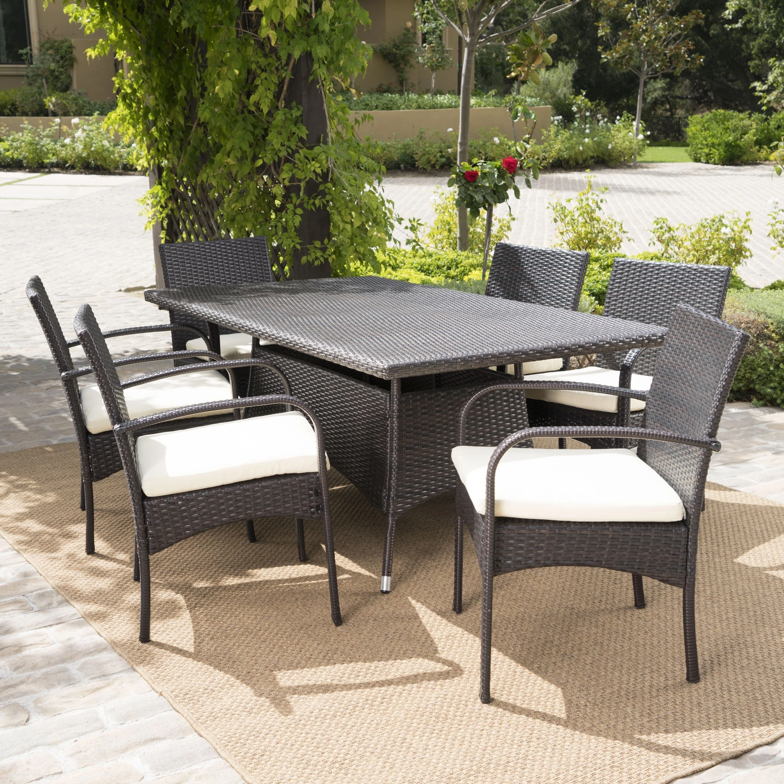 Carmela Outdoor 7pc Multibrown PE Wicker Long Dining Set (1)