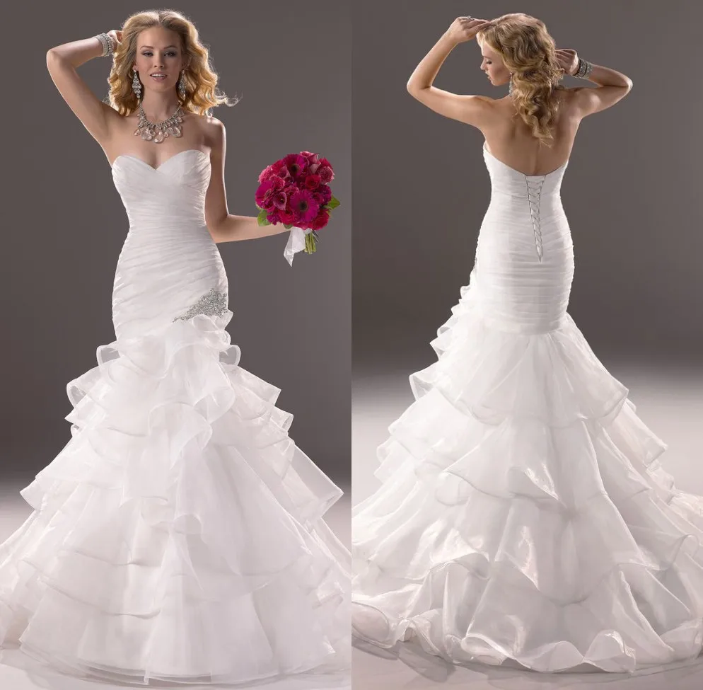 

Vestidos De Noiva Sereia 2019 New Fashionable Sweetheart Ruched Ruffles Organza Mermaid Wedding Dresses Lace Up Back Bridal Gown