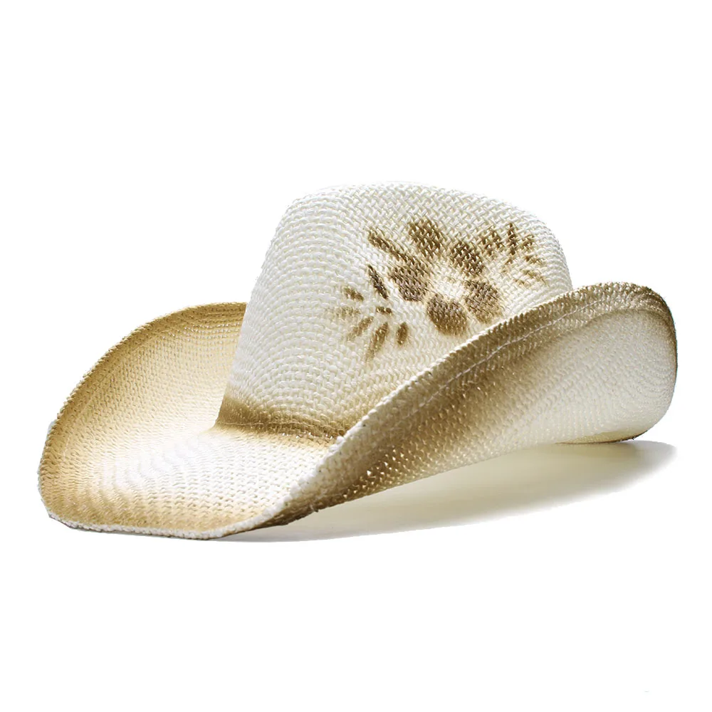 LUCKYLIANJI женская мужская летняя однотонная шляпа с широкими полями и цветочным принтом Соломенная пляжная ковбойская шляпа(один размер 60 см