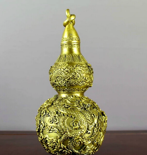 

Elegant old S1089 China exquisite craftwork Brass Feng Shui Dragon Play Bead wealth Gourd calabash