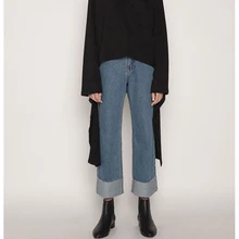 HDY Haoduoyi, женские осенние прямые широкие джинсы, простые, для улицы, для колледжа, для завивки, тонкие, джинсовые штаны, опт