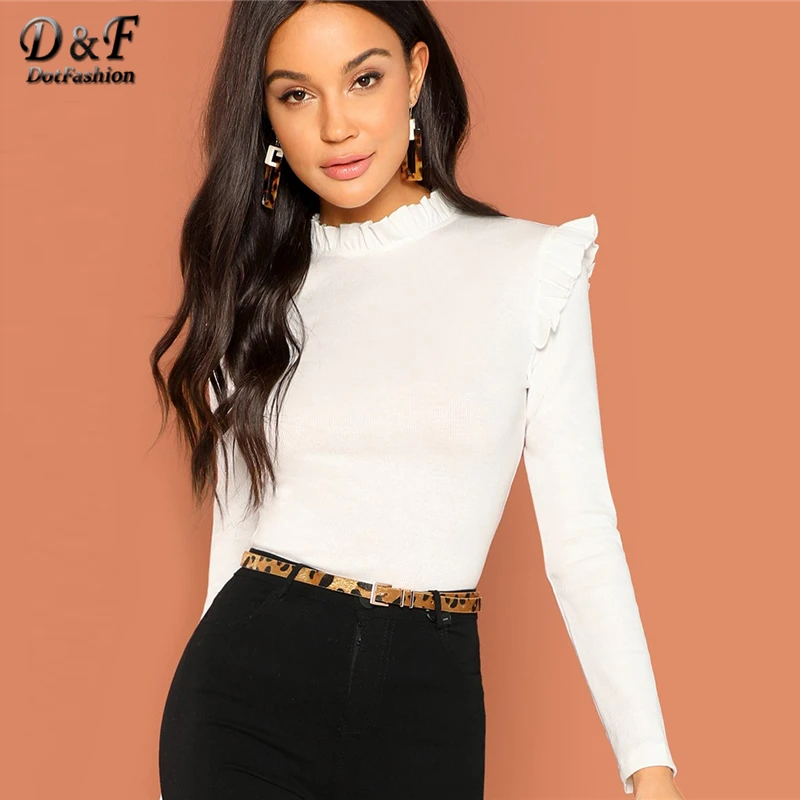 Dotfashion White Frill Trim Solid Long Sleeve Tee Shirt Women Casual Autumn Stand Collar Tops Slim Fit 2019 Clothing T-Shirt
