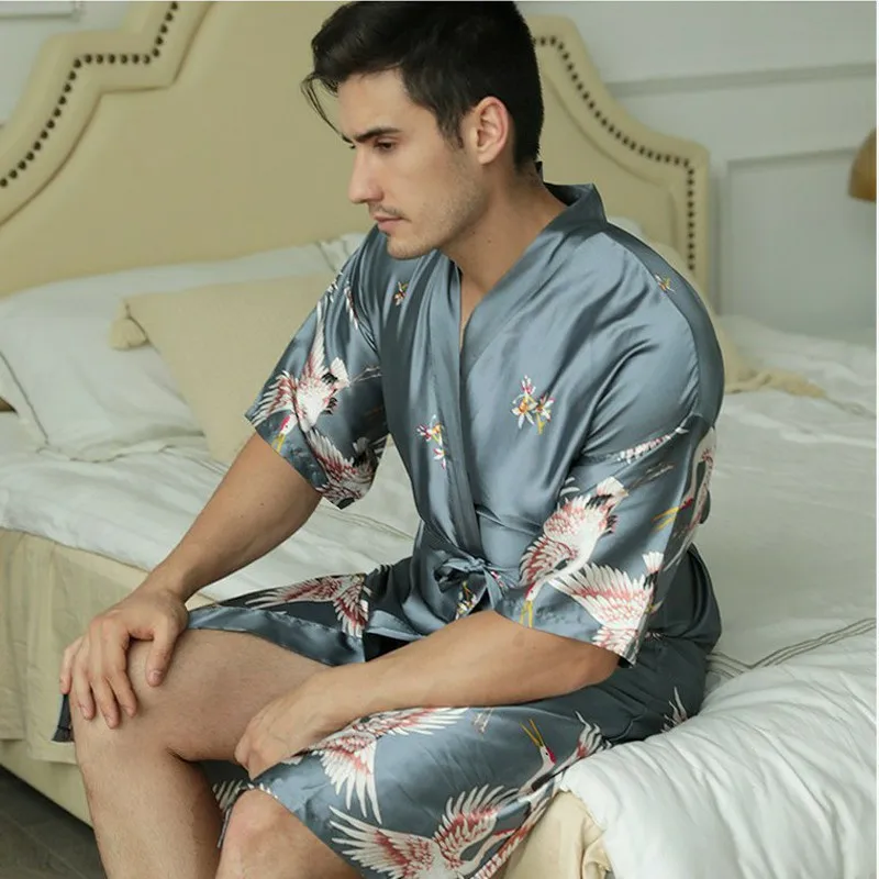 

New men's nightgown summer long section printed Chinese style simulation silk nightgown Men's groom groomsmen robe sexy pajamas