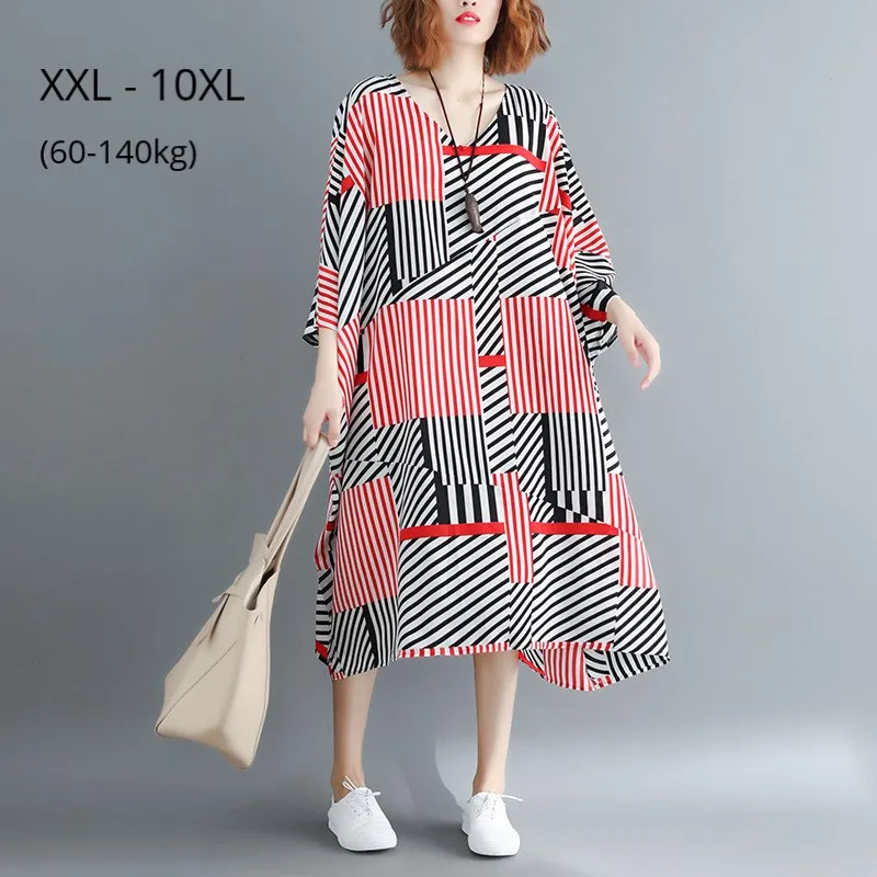 

Plus Size 10XL 9XL Short Sleeve Summer Dress Female Elegant Black Red Striped Casual Clothing Oversized Beach Dresses For Women