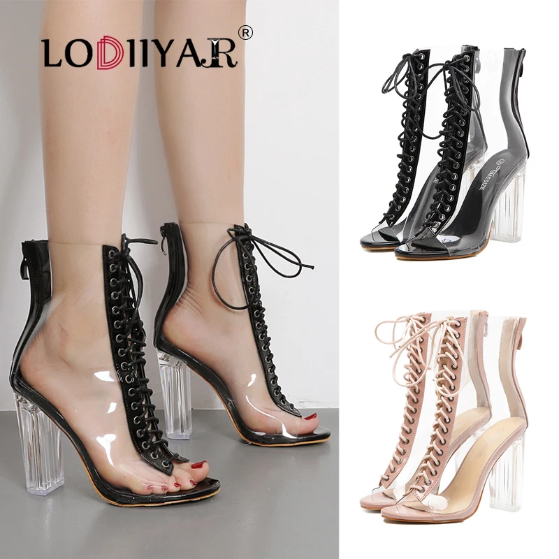 

Transparent Women Boots Clear Chunky High Heels Zipper Lace Up Peep Toe Ankle Booties Platform Gladiator Sandals Party Shoes
