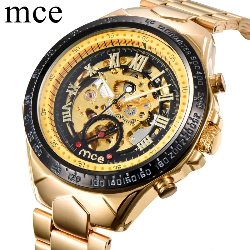 

MCE Men Watches Automatic Mechanical Gold Male Skeleton Wrist Watch Stainless Steel Band Luxury Brand Reloj Automatico Hombre