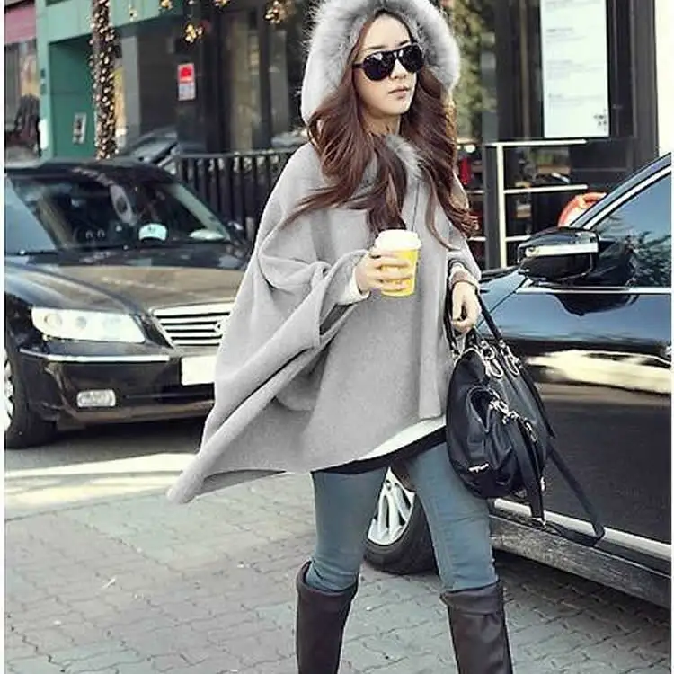 Thick Fashion Women Jacket Hooded Loose Bat Sleeves Solid Loose Solid