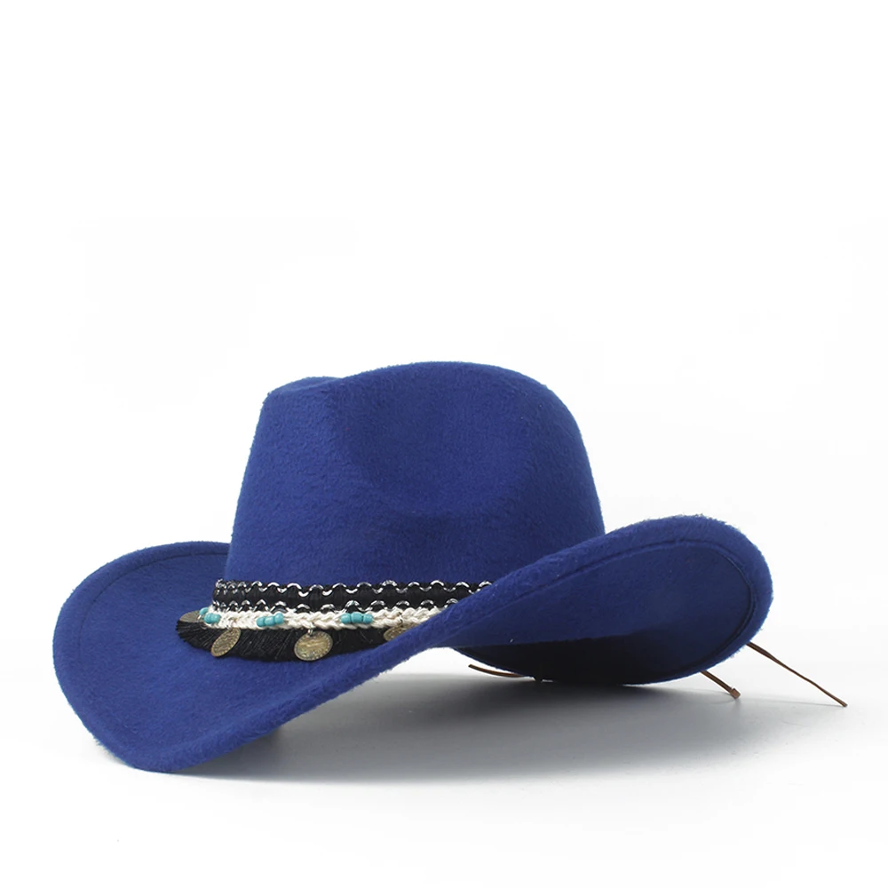 Модная женская западная ковбойская шляпа Женская Вуалетка Outblack Cowgirl Sombrero Hombre джаз шляпа - Цвет: Blue