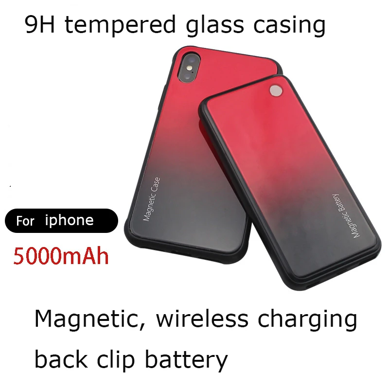 Magnetic back clip battery Case For iphone x 5000Mah Smart Wireless Charger PowerBank For iphone 8 8plus Tempered glass cover
