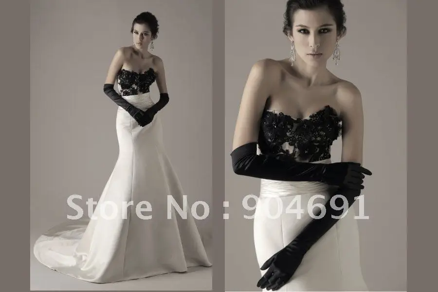 Strapless Black  Lace  Top White Ivory  Satin Wedding  Dress  