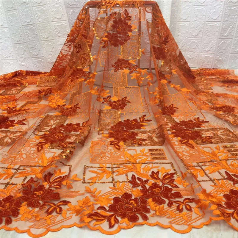 

Burnt Orange French NigerianTulle Lace New Fashion Sequins Lace Fabrics High Quality Velvet Lace for Wedding Party Dress
