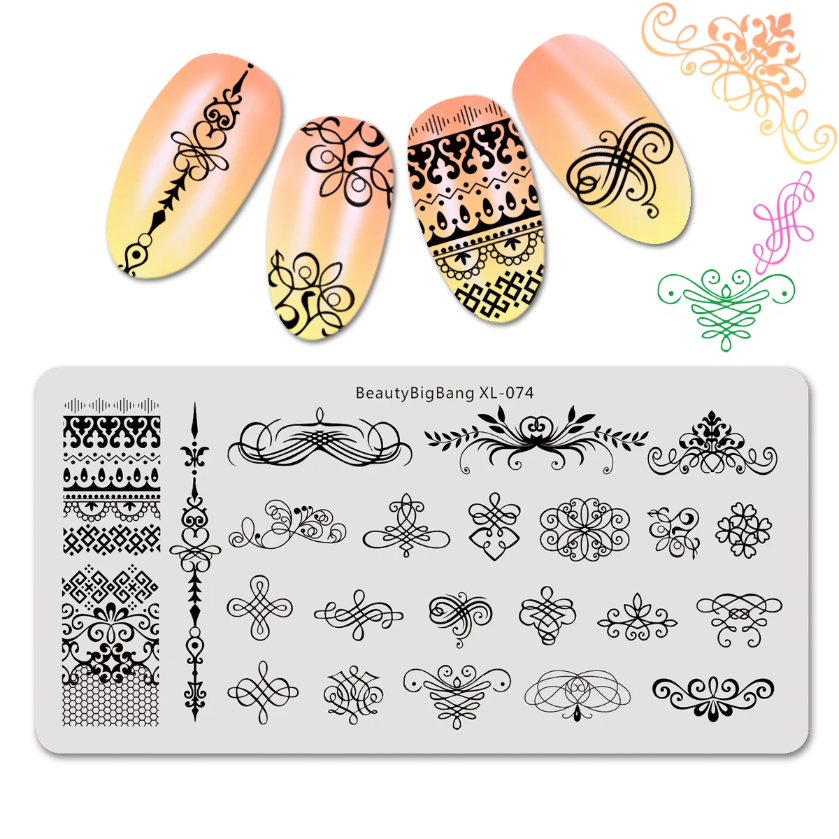 Beautybigbang штамповочная пластина, кружевная Цветочная ветка, геометрическое изображение, 6*12 см, штамповочные пластины для ногтей, штамповка, художественная XL-074