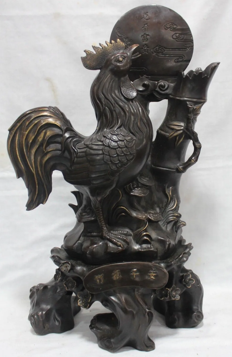 

005544 20" China Chinese Fengshui Bronze Zodiac Year Rooster Cock Bamboo moon Statue A