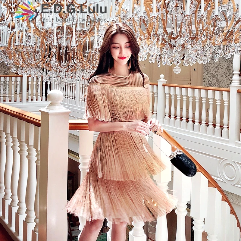 Najtaniej Sukienka z frędzlami vintage elegancka seksowna odzież klubowa siatka plażowa tight streetwear sundress runway kobiety letnia sukienka 2019 tassel