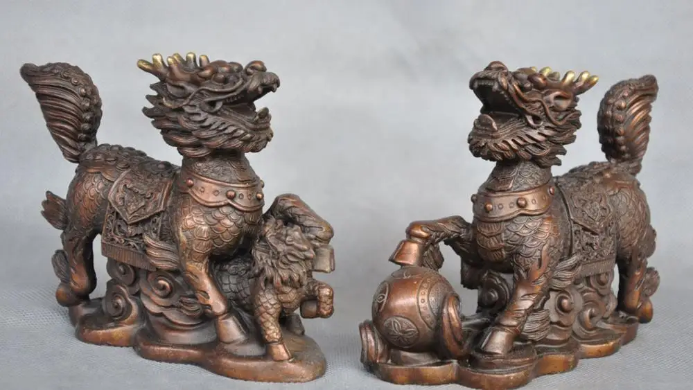 

5'' China Foo Dog Kylin Dragon Bronze Statue