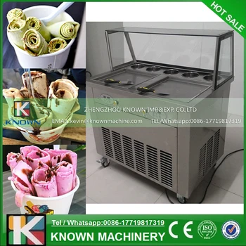 

Free shipping by sea 110V 220V double square pans with 5 topping tanks of fried ice cream roll machine with R410A Refrigerant