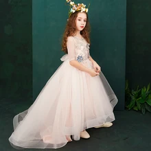 Святое Причастие платье небольшой завершающий бальное платье Цветочные Свадебные платья для девочек вечерние платья с аппликацией Бисер платье принцессы B314