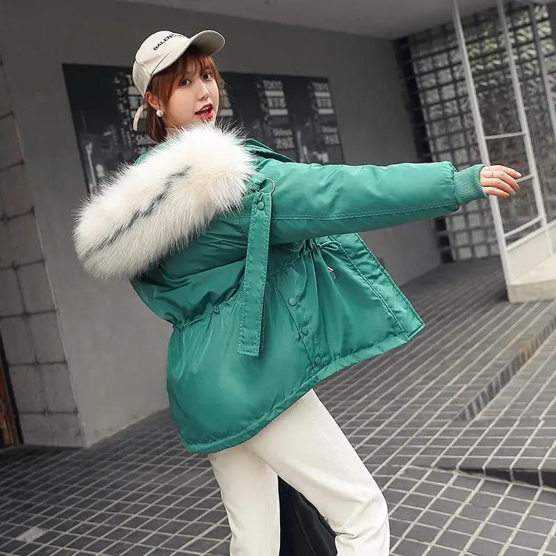 Fitaylor Women Short Winter Cotton Parkas Hooded Warm Loose Jacket Coat Large Fur Collar Cotton Padded Jacket Casual Outerwear - Цвет: Green