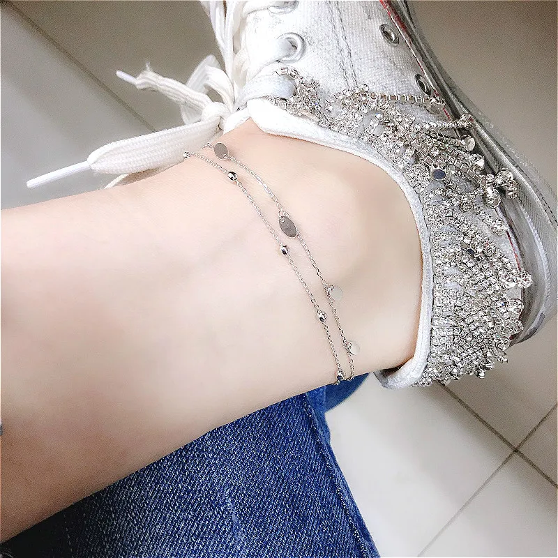 Flyleaf Simple Double Layer Sequin Bead Real Sterling Silver 925 Anklet For Women Fashion Leg Fine Jewelry Girl Anklets On Foot