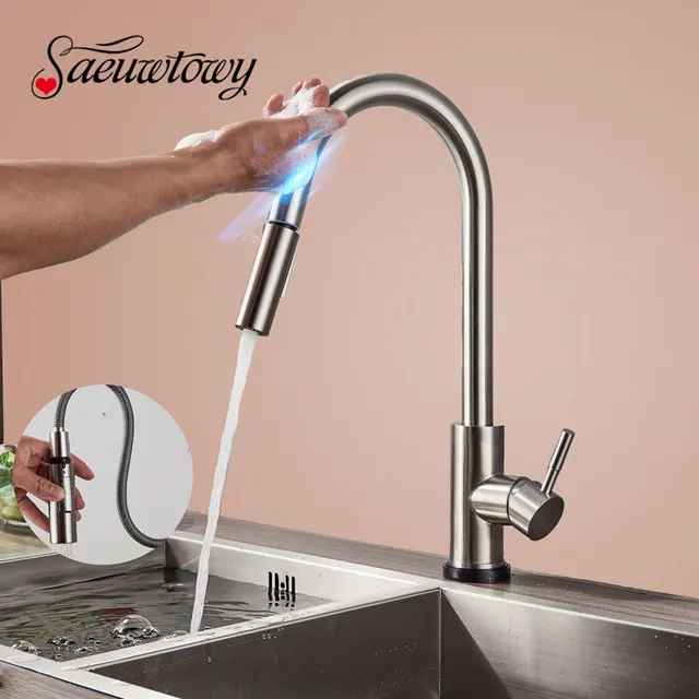 Best Price Saeuwtowy Blackened or Brushed Nickel Kitchen Faucet Deck Mounted One Hole One Handle Brass Mixer Tap 2 Outlet mode Swivel