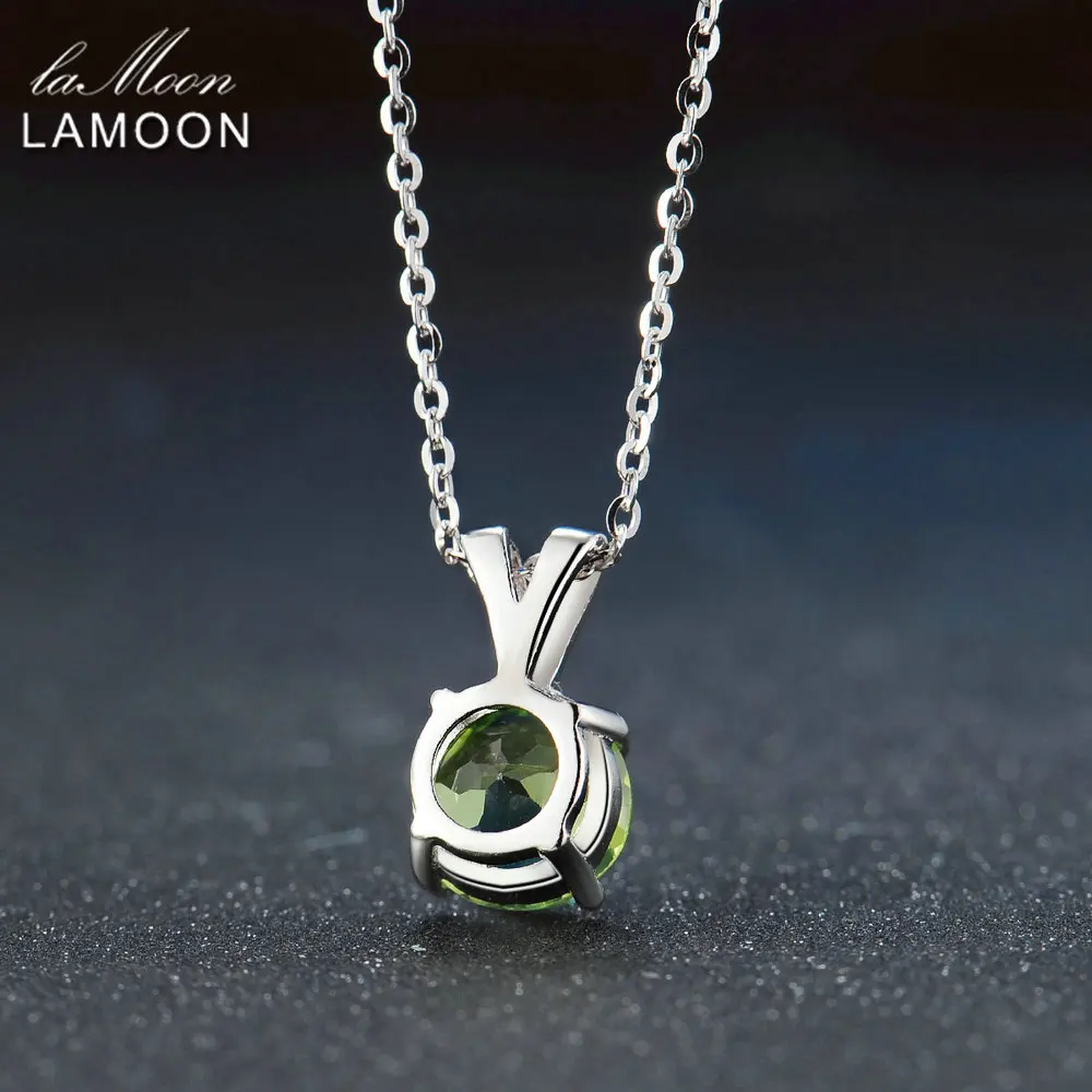 Lamoon 8mm Natural Round Cut Peridot Sterling Silver Simple Pandent Chain Necklace Women Jewelry S925 LMNI057