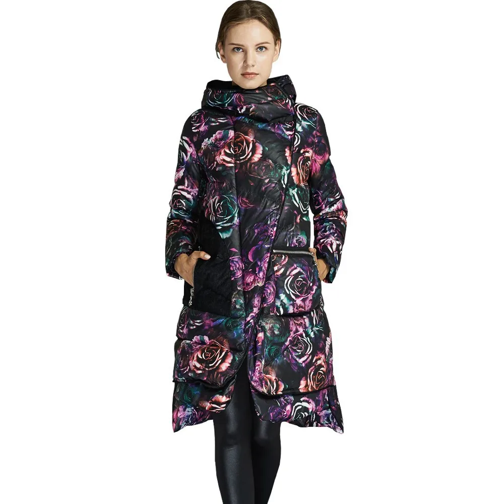 Высококачественное роскошное зимнее женское пальто, длинная парка на утином пуху, брендовая парка с капюшоном и цветочным принтом розы