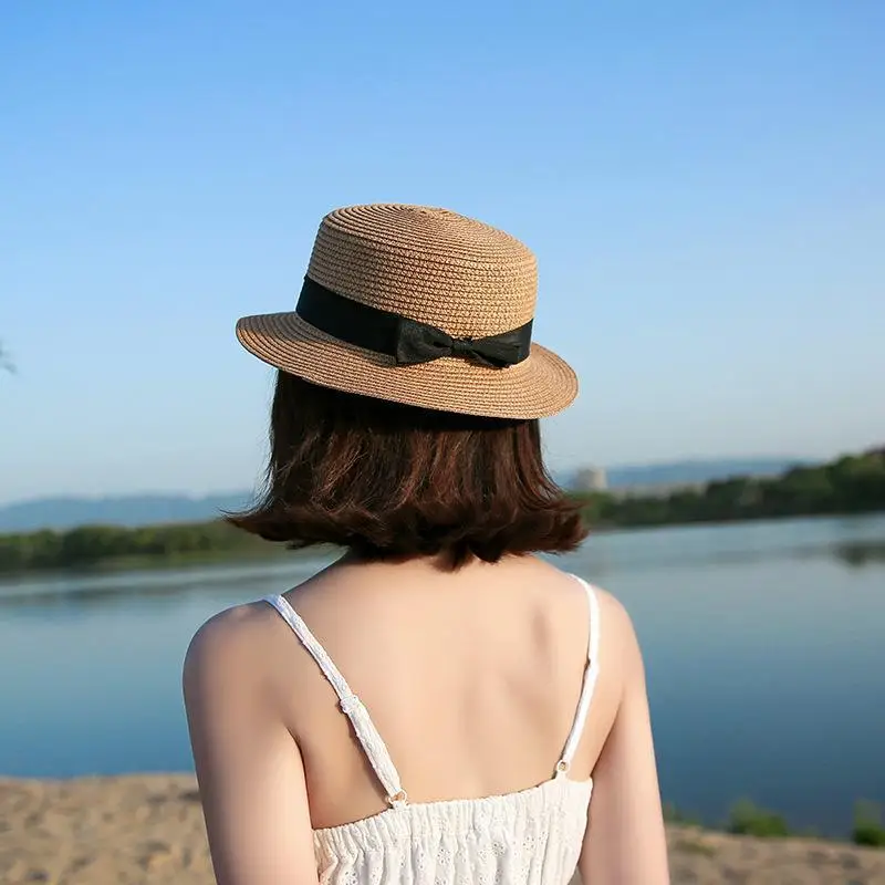 Panama Hat Female Casual Lady Women Simple Summer Beach Flat Brim Bowknot Straw Cap Girls Sun Hat