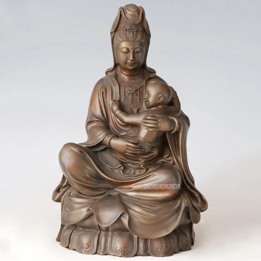

Guanyin Buddha Statue Bronze Craft Holding a Baby Child Figurines Chinese Buddha Sculpture Home Living Room Furnish Decor B-99