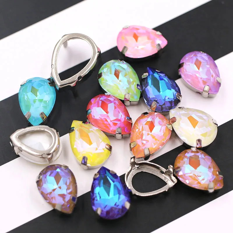  New Teardrop shape Mocha fluorescence Glass Crystal sewing hollow base sliver claw setting flatback - 33032074191