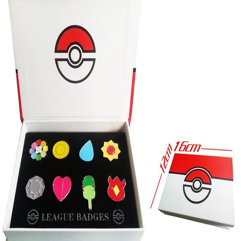 

10 Sets Pocket Monster Pokemon Kanto 8 Metal League Gym Badge Pin Pip Gen Cosplay Prop Collection Set 80*Badges + 10* Boxes