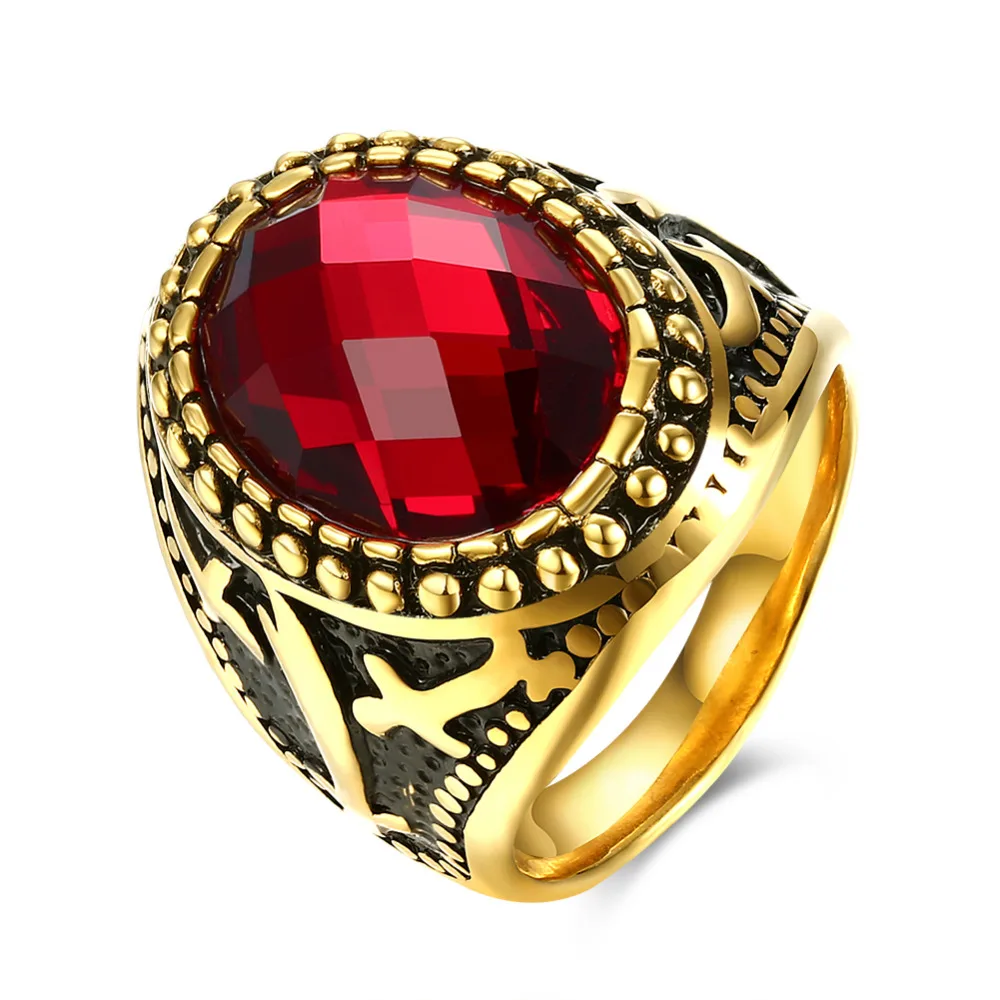 Fashion Gold color Red Black Oval Glass Stone Couple Rings Women Men's Austrian Crystal Wedding Party Jewelry Lady Retro Bague |
