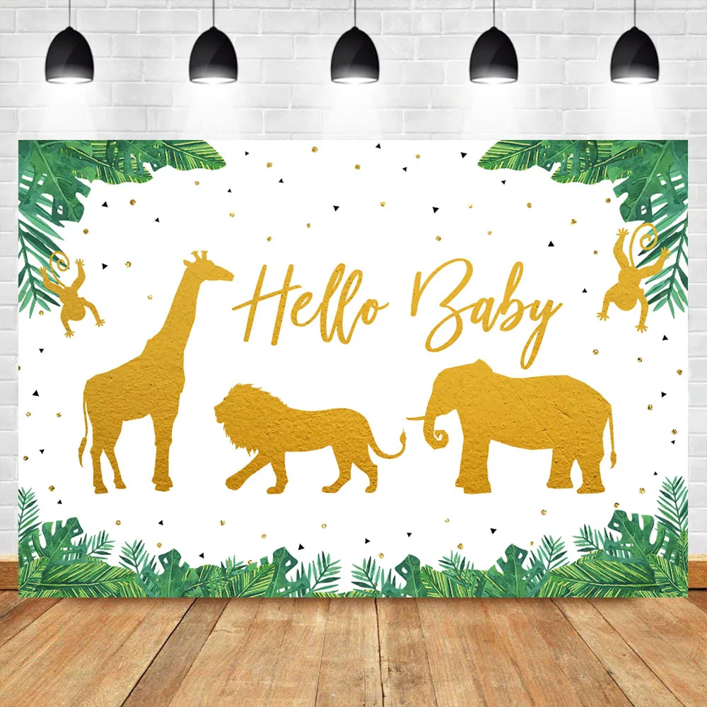 

NeoBack Hello Baby Backdrop Jungle Theme Background Golden Elephant Lion Wild Animal for Birthday Party Backdrops Decorations