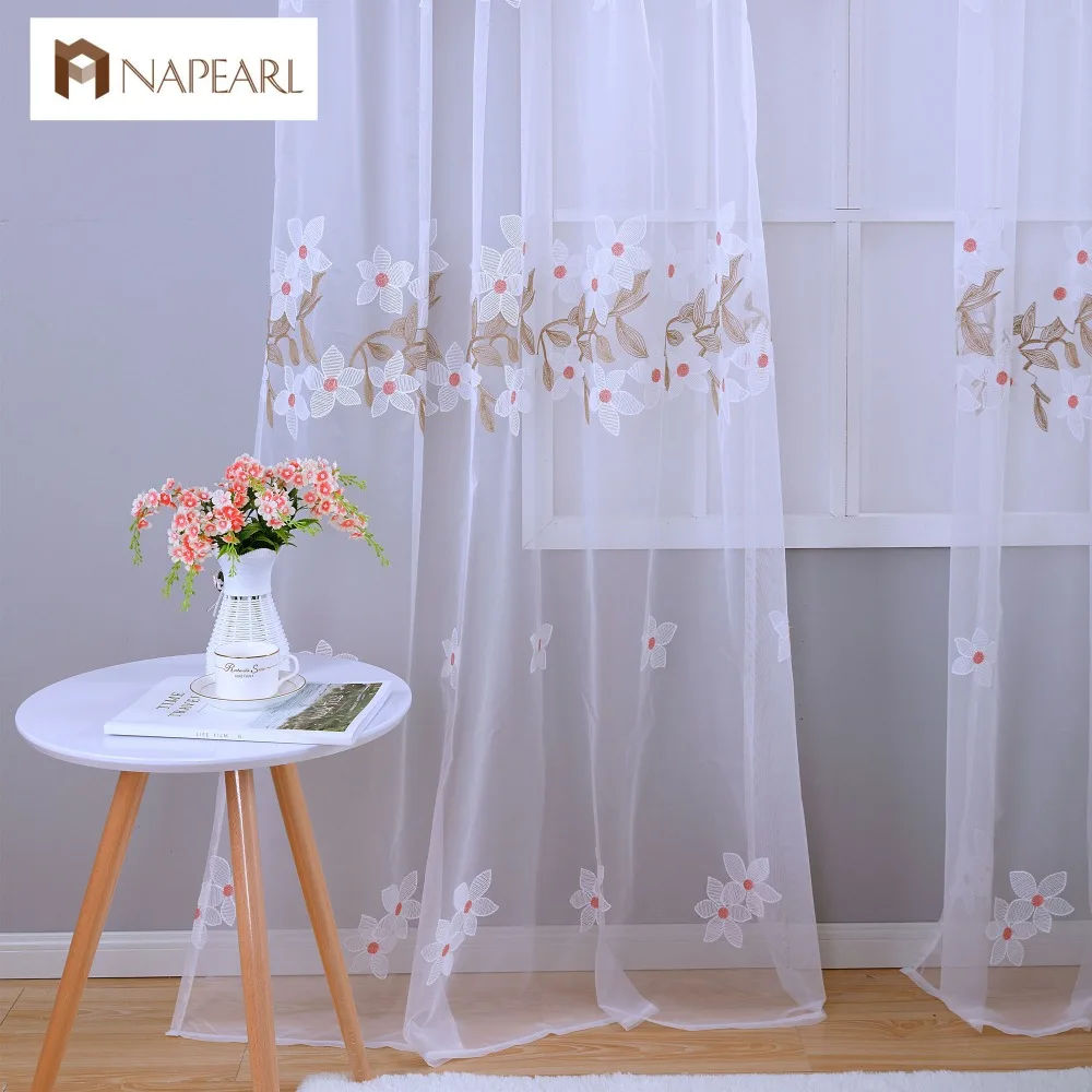 Pink floral tulle curtain white modern sheer panel window ...