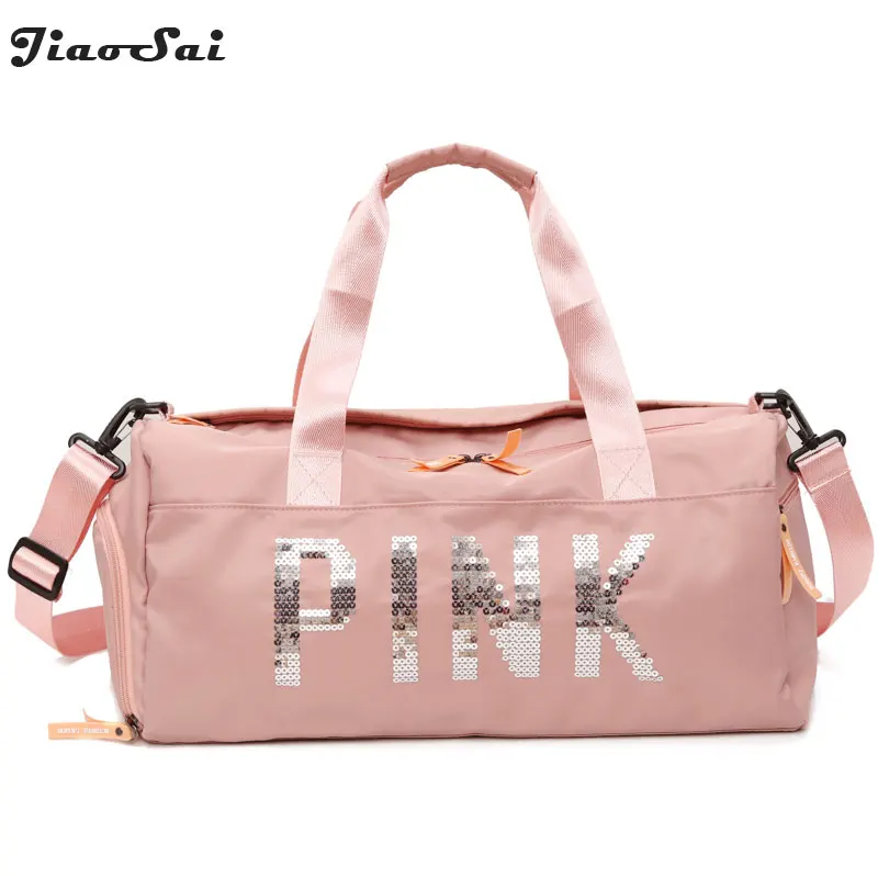 Women Waterproof Nylon Travel Bag Large Capacity Pink Sequins Shoulder ...