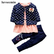 Весенне-осенние комплекты одежды в горошек с бантом для девочек, пальто с длинными рукавами для младенцев+ рубашка+ штаны, комплект одежды из 3 предметов для маленьких девочек, JW1340