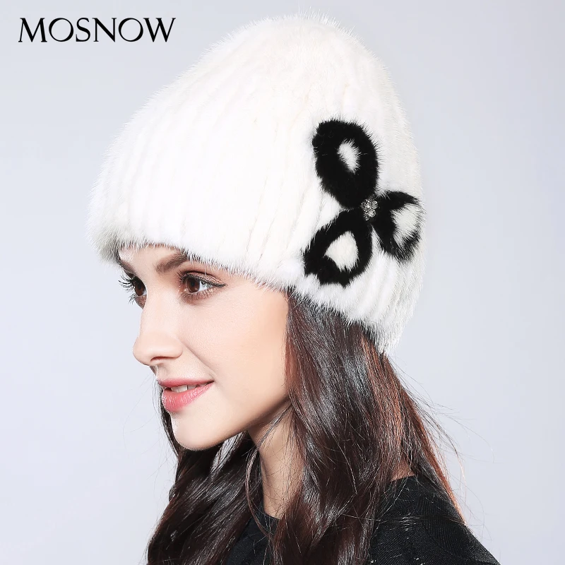 

100% Real Mink Fur Hat Women's Winter Knitted Beanie 2019 Fashion Flower Brand New Wool Hot Sale Hat Female Caps #PCM714
