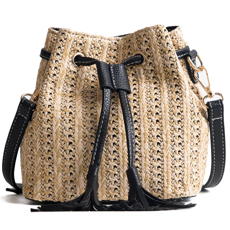 Straw Weave Beach Bag 2018 Summer Mini Vintage Leather Crossbody Tassel Bucket Bag Girls Rattan