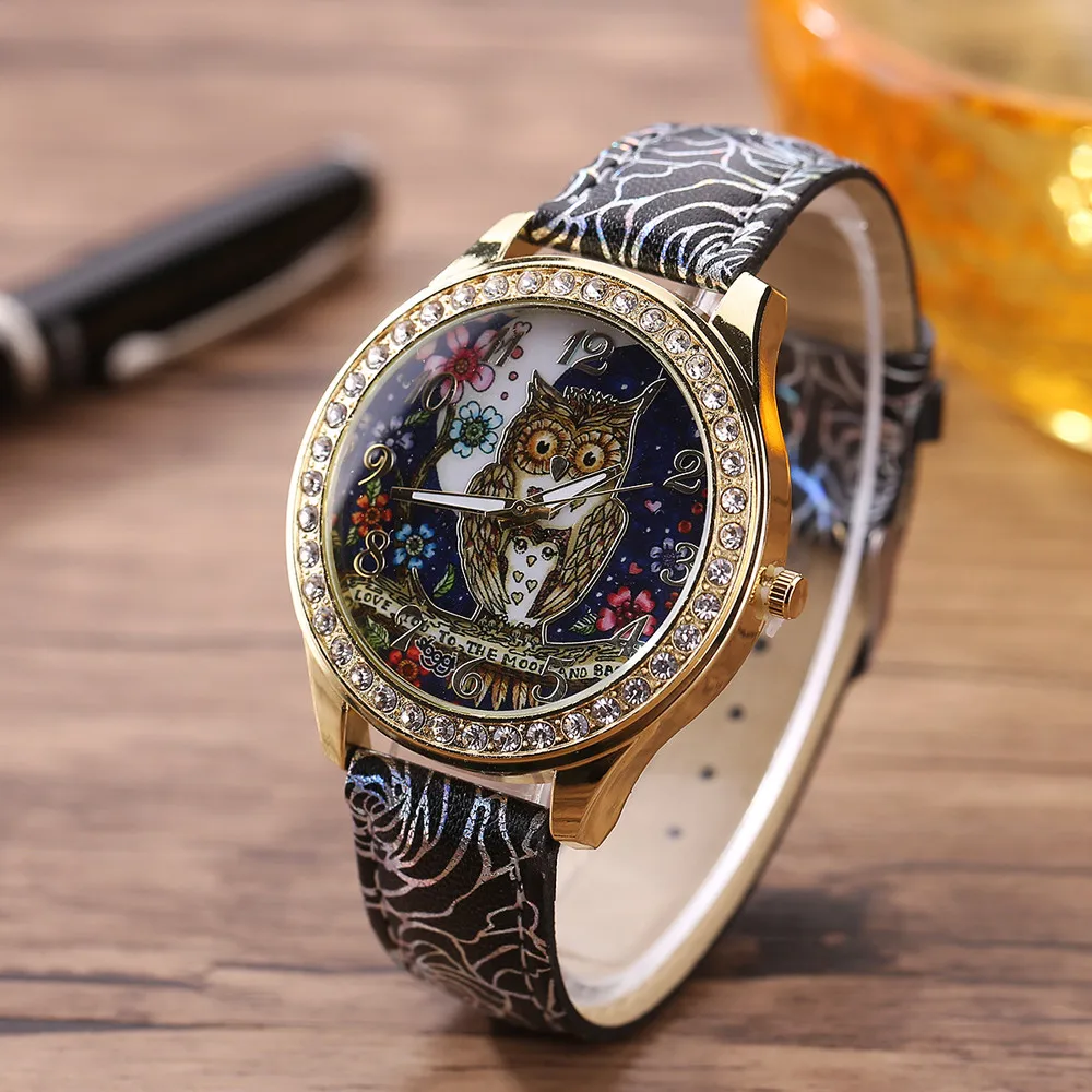 Vintage Owl Cartoon Wrist Watches Women Luxury Diamond Dial Quartz Watch Mens Sports Clock Ladies Leather Casual Watches#Zer