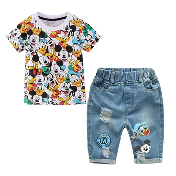 

Mickey Donald Duck Printing Girls Clothing Sets For Boys Clothes Suits 2019 Girls Party Tops+Shredded Jeans 2Pcs Clothes