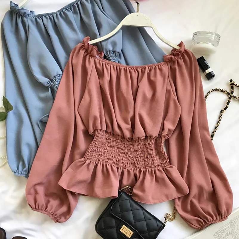 

NiceMix 2018 Spring Autumn Women Long Sleeve Blouse V-Neck Drawstring Tie Blouses Female Lantern Sleeve Ruffles Shirts Short Top