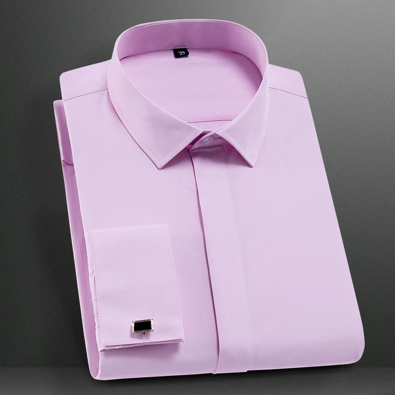 Весна, мужские французские запонки, одноцветные рубашки, классический дизайн, простые, формальные, для работы, облегающие, вечерние, мужские рубашки - Цвет: Pink