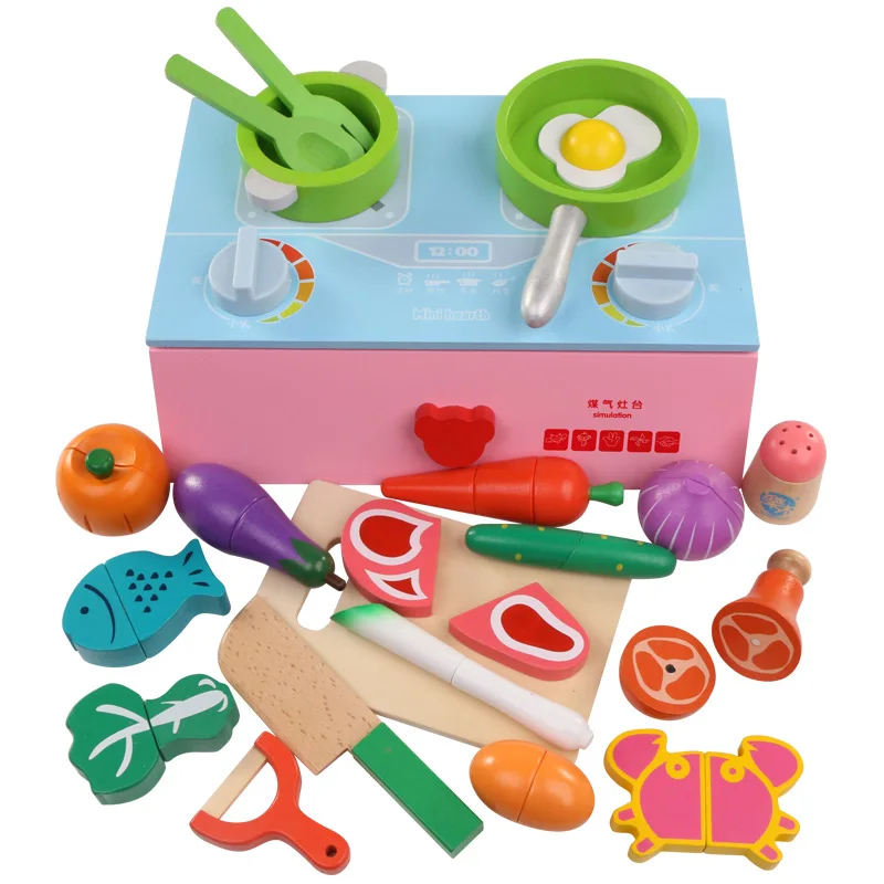 

Colorful Kitchen Wooden Wood Pretend Gas Stove Toy Model Set For Kids Gifts Home