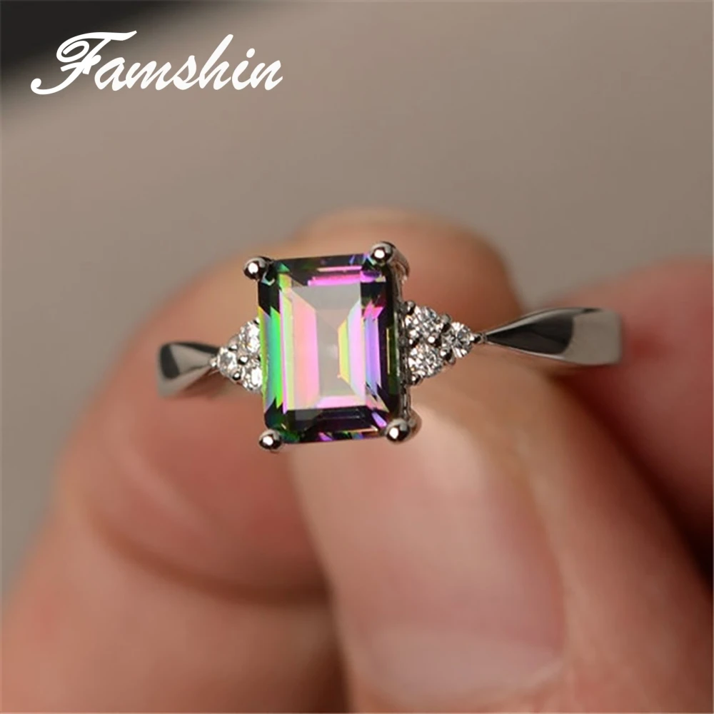 

FAMSHIN Fashion Jewelry Women Colorful Stone Square Zircon Ring Creative Personality Inlaid Rainbow Crystals Zircon Ring 3 Color