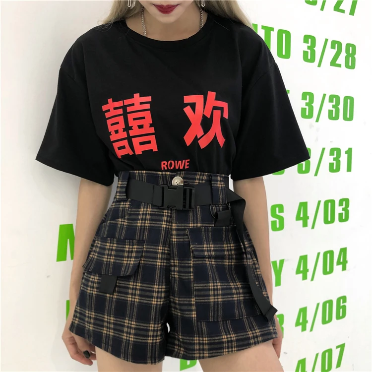 Harajuku Bf клетчатые шорты женские высокие Wiast повседневные шорты 2019 новые модные летние уличные гранж Стильные шорты для женщин