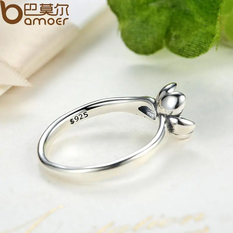 BAMOER New Collection Authentic Mystic Floral Flower Stackable Ring CZ & Black Enamel 925 Sterling Silver Jewelry PA7154