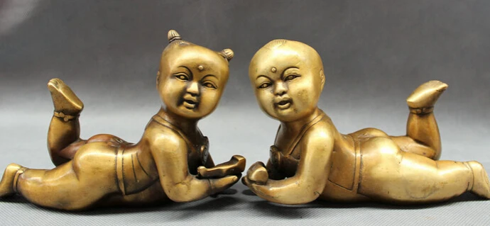 

JP S0608 Folk Chinese Bronze Carved Wealth Lovely 2 Kid Child Girl Boy Set Statue Pair